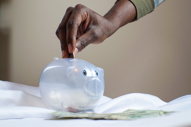 a hand placing a coin in a piggy bank