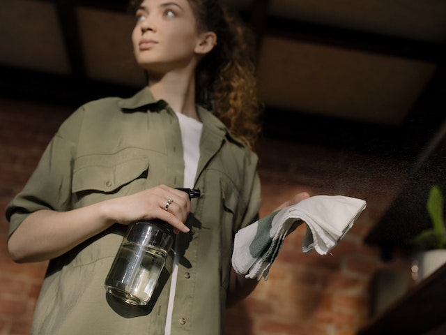a person holding a spray bottle and a rag