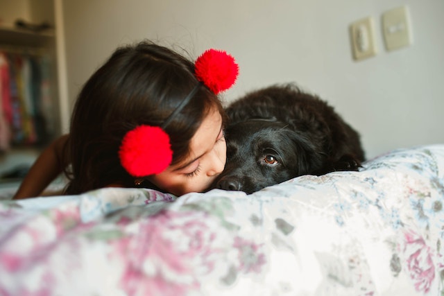 a child and a dog laying in bed